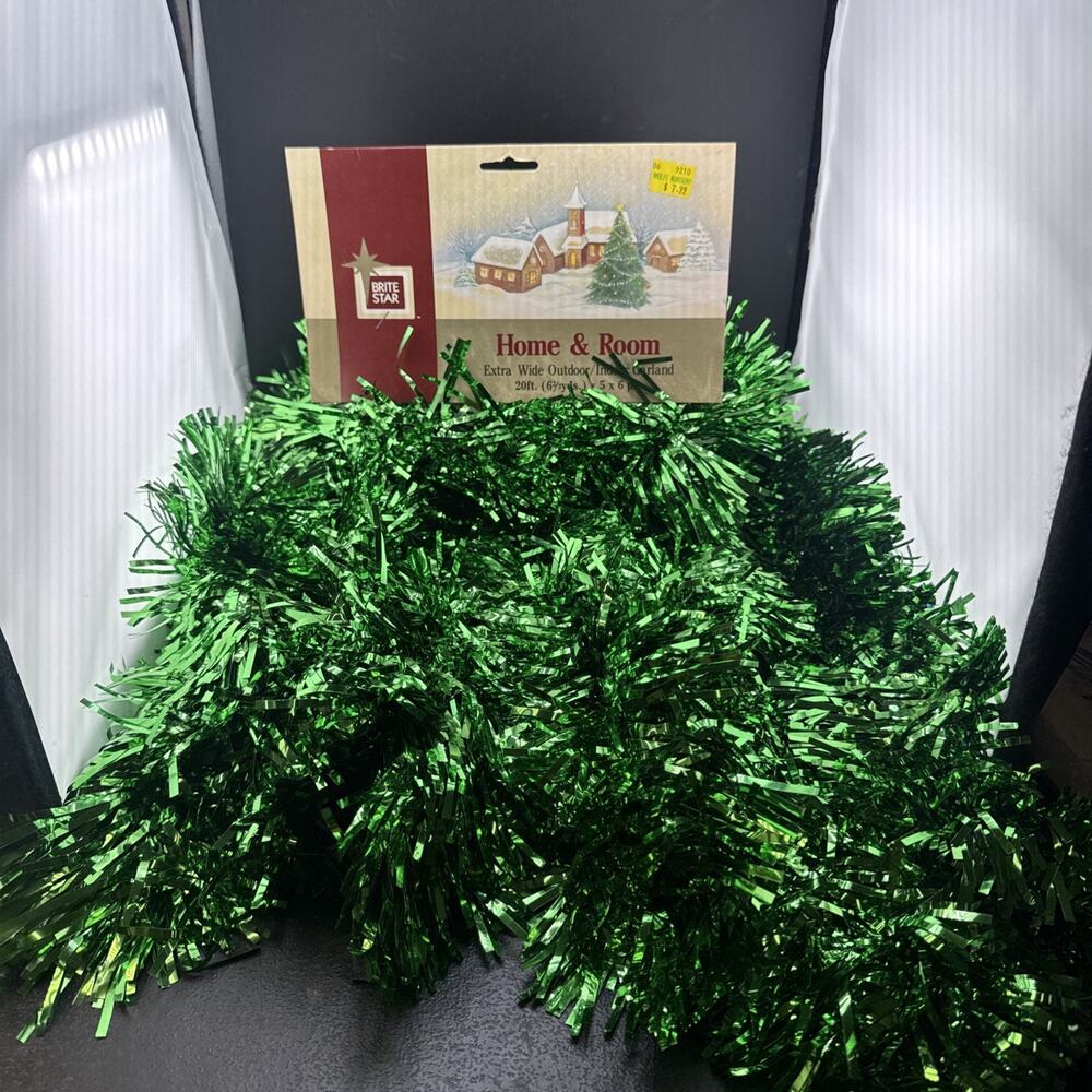 Vintage Brite Star Green Tinsel Garland Extra Wide 20 Ft Outdoor Indoor